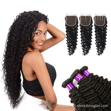 Peruvian  human hair bundles with closure deep wave hair extension unprocessed natural color 4x4 lace closure with 3 bundles